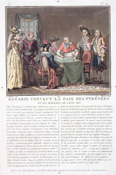 Kardinaal Mazarin (1602-61) sluit de Vrede van de Pyreneeën, 1659, gegraveerd door Jean Baptiste Morret (fl.1790-1820), 1790 door Jacques Francois Joseph Swebach